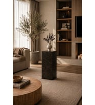 Siyah Mermer Desenli Ahşap Kaide Çiçeklik Sütun Süs Objeli Stand 25x25x100