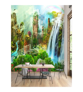 Dreamwall Şelale Ve Dağ Desenli Isı Ve Ses Yalıtımlı Sağlıklı Tekstil Duvar Kağıdı (Yeşil)