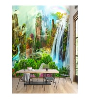 Dreamwall Şelale Ve Dağ Desenli Isı Ve Ses Yalıtımlı Sağlıklı Tekstil Duvar Kağıdı (Yeşil)