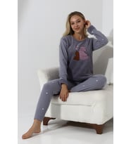 Fawn 5015 Peluş Welsoft Polar Kışlık Ayıcıklı Yumoş Kadın Pijama Takımı (Açık Gri)