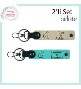 Minnoş Figürlerle Sevimli Hediyelik, Kedili, Kişisel Yazılı Anahtarlık, Sütlü Kahve-Turkuaz