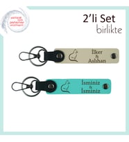 Minnoş Figürlerle Sevimli Hediyelik, Kedili, Kişisel Yazılı Anahtarlık, Sütlü Kahve-Turkuaz