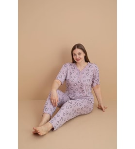 Pijamerry Kadın Büyük Beden Dantel Yaka Bambu Kısa Kol İnce Pijama Takımı 5901 - 1 Adet (Lila)
