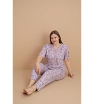 Pijamerry Kadın Büyük Beden Dantel Yaka Bambu Kısa Kol İnce Pijama Takımı 5901 - 1 Adet (Lila)