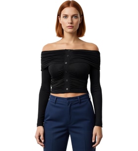 Kadın Off Shoulder Büzgülü Düğmeli Uzun Kollu Crop Üst Kaliteli Şık Rahat Modern Zarif Günlük