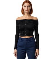 Kadın Off Shoulder Büzgülü Düğmeli Uzun Kollu Crop Üst Kaliteli Şık Rahat Modern Zarif Günlük