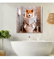Tekli Kare Kanvas Banyo Tablosu Gazete Okuyan Japon Akita