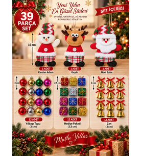 39 Parça Yılbaşı Ağacı Süs Seti Noel Baba Kardan Adam Geyik Top Çan Hediye Paketi Dekorasyon
