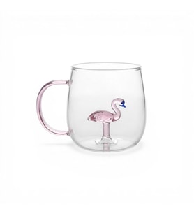 Figürlü Borosilikat Cam Kupa 350 ml - Renkli Kulplu Bardak - El Yapımı Cam Figürlü Sunum Kupası (A.Pembe)