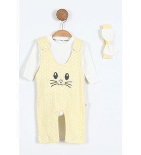 Tavşan Nakışlı Kız Bebe İkili Salopet Set (SarıBeyaz)