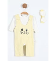 Tavşan Nakışlı Kız Bebe İkili Salopet Set (SarıBeyaz)