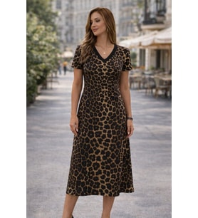 Mulvxmdyk Mdyk02 Kadın Kısa Kollu V Yakalı Leopar Desenli Kısa Süprem Elbise (Mulvix)