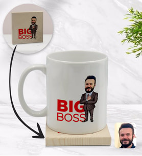 BK Gift Kişiye Özel Erkek Big Boss Karikatürlü Beyaz Kupa Bardak ve Ahşap Bardak Altlığı Hediye Seti - Model 2