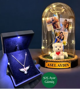 Işıklı Kutuda 925 Ayar Zümrüdü Anka Kuşu Kolye ve Size Özel Led Işıklı Fanus - Premium Set (Model 3)
