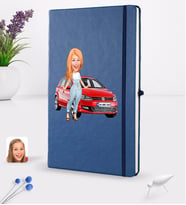 BK Gift Kişiye Özel Plakalı Kadın Volkswagen Polo Karikatürlü Lacivert Termo Deri Defter 16x24cm Model 2