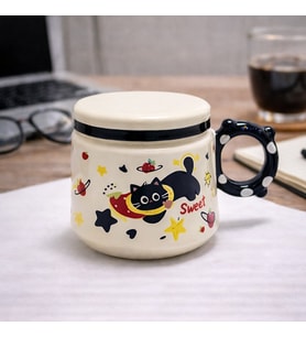 Sevimli Kedi Desenli Kapaklı Seramik Kupa Bardak Kahve Fincanı Kawaii Hediyelik Ofis (Beyaz-Siyah-Bej-Gri-İndigo)