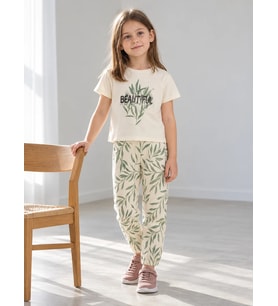Kız Çocuk Beautıful Yazılı yaprak Desenli Kısa Kollu Tişört Pantolon Takım - 4 Yaş / KREM
