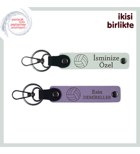 Sevgiliyle Oynanan İlk Maçın Hatırası, Voleybol Temalı İsim Yazılı Anahtarlık Takımı, x2, Beyaz-Mor
