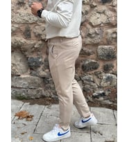 Gd Goldoremi 6649 Erkek Likralı Slim Fit Beli Lastikli İpli Çelik Kumaş Rahat Jogger (Bej)