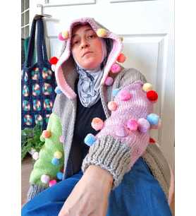 Kapüşonlu Kışlık El Örgüsü Renkli Ceket , Handmade Ponponlu Gri Hırka , Gençlere Hediyelikler