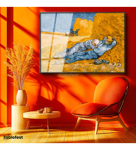 Siyah Renk Metal Çerçeveli Tamperli Cam Tablo Vincent van Gogh Samanlıkta Uyuyanlar Ressam Tablosu Duvar Dekoru