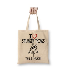 I Heart Stranger Things This Much Beyaz Bez Çanta Uzun Saplı Alışveriş Çantası Plaj Çantası