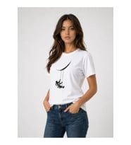 Astronot Ay Temalı Tişört Kısa Kol Yazlık Bisiklet Yaka T-Shirt - Beyaz