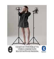 Bluetooth Kumandalı Tripod 2.1 Metre Metal Stüdyo Lamba Ayağı 360 Döner Başlıklı Telefon Tutucu