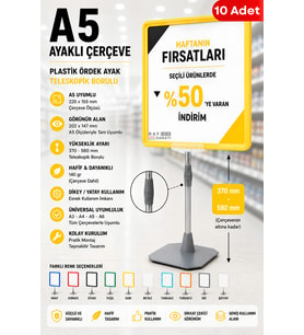 10 Adet - A5 Ayaklı Çerçeve Seti Plastik Ördek Ayak Teleskopik Borulu Fiyat Etiketliği Yönlendirme Levhası Menü Panosu Sarı