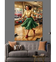 Bowling Salonunda Enerjik Retro Kadın Dekoratif Kanvas - Mdf Ahşap Tablo