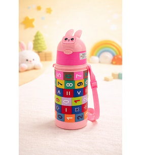 Sevimli Tavşan Tasarımlı Çocuk Termosu Pipetli Suluk Askılı Eğitici Oyuncak Şişe BPA Free (Pudra Pembe)