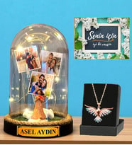 Premium Set - Kişiye Özel Led Işıklı Fanus ve Renkli Zümrüdü Anka Kuşu Kolyesi (Model 9)