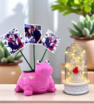 Sizlere Özel 3 Fotoğraflı Kaplumbağa Saksı ve Led Işıklı Beyaz Melekli Fanus (Pembe)
