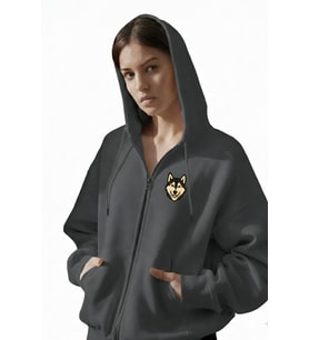 Kadın Husky Baskılı Oversize Fermuarlı Hoodie (Gri)