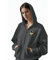 Kadın Husky Baskılı Oversize Fermuarlı Hoodie (Gri)