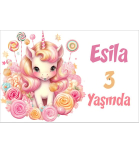 Pembe Unicorn Temalı Doğum Günü Afişi -5 100x150 cm