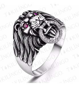 3D Ruby Aslan Motifli Zirkon Detaylı Gümüş Erkek Yüzük