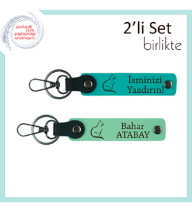 Mırlayan Kombinlere Son Dokunuş, Kedi Temalı, İsme Yazılabilir Anahtarlık, Koyu Turkuaz-Açık Yeşil