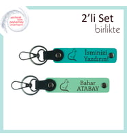 Mırlayan Kombinlere Son Dokunuş, Kedi Temalı, İsme Yazılabilir Anahtarlık, Koyu Turkuaz-Açık Yeşil