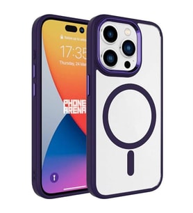 Coverzone iPhone 15 Pro ile uyumlu K?l?f Wireless ?arj �zellikli Metal buton Z-Krom MagSafe ile uyumlu ?effaf Transparan Double Color Silikon Kapak Derin Mor