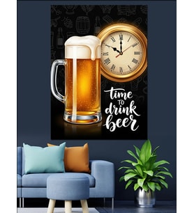 Bira Zamanı Saatli Poster Dekoratif Kanvas - Mdf Ahşap Tablo