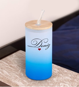 BK Gift İsimli Mavi Renk Pipetli Buzlu Cam Bardak 600ml - 5, Arkadaşa Hediye, Doğum Günü Hediyesi
