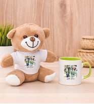Kişiye Özel Dört Fotoğraflı Kupa Bardak Peluş Ayı ve Yeşil Kupa