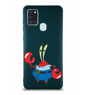 Samsung Galaxy A21S Soft Premier Kapak Bay Yengeç Tasarımlı Silikon Kılıf - Yeşil (Şeffaf)