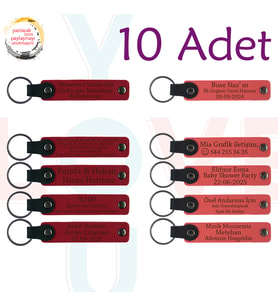 Kırmızı & Nar Çiçeği, 10’lu Set, Tarih ve İsimli Deri Anahtarlık, Düğün Davetlilerine Anlamlı Anı