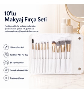 Makyaj Fırça Seti Çantalı 10'lu  Fondöten, Allık, Far ve Kaş Fırçaları