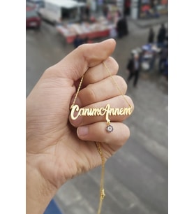 925 Ayar Gümüş 24 Ayar Altın Kaplama Canım Annem Yazılı Nazar Boncuklu Kolye