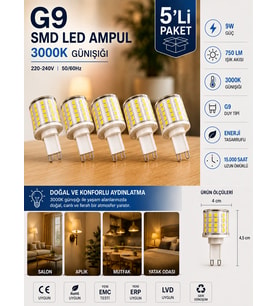 (5 Adet) 9W 750 LM 3000K Günışığı G9 SMD LED Ampul