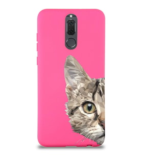 Huawei Mate 10 Lite Uyumlu Lansman Kılıf Catface Tasarımlı İçi Kadife Neon Pembe Kapak (Şeffaf)