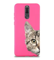 Huawei Mate 10 Lite Uyumlu Lansman Kılıf Catface Tasarımlı İçi Kadife Neon Pembe Kapak (Şeffaf)